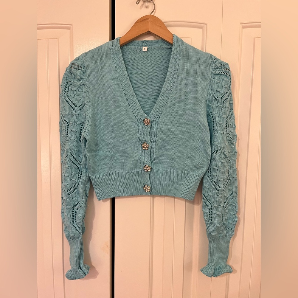 SHEIN Baby Blue Aqua Cardigan Button Up V Neck w/ Rhinestone Buttons